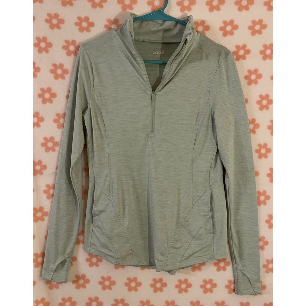 AVIA Womens XS Heathered Green Activewear Pullover 1/4 Zip Thumb Hole